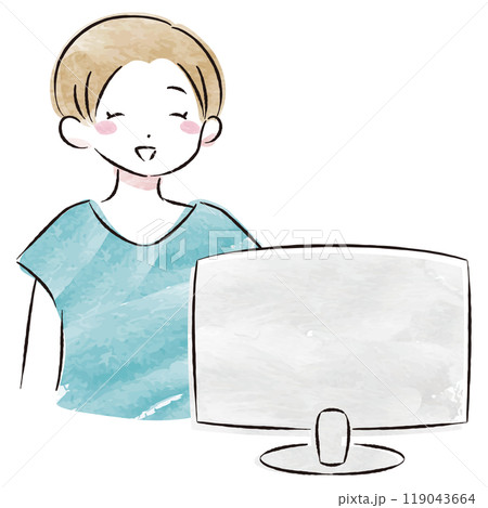 パソコンを操作するおしゃれな女性の水彩画ベクターイラスト 119043664