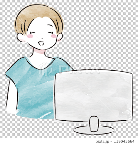 Watercolor vector illustration of a stylish woman operating a computer 119043664