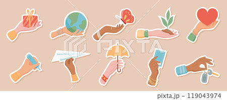 Hand gesture sticker set with cartoon graphic style symbols. Diverse person hands hold heart, gift, planet, umbrella and other objects. Ideal for charity, peace, hope, and educational theme in design Hand gesture sticker set with cartoon graphic style symbols. Diverse person hands hold heart, gift, planet, umbrella and other objects. Ideal for charity, peace, hope, and educational theme in design 119043974