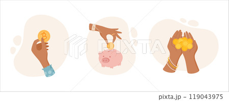 Hand hold coin, deposit in piggy bank, exchange money in cartoon collection. Isolated concept of financial actions, investing, saving. Ideal for finance, banking, charity themes. 119043975