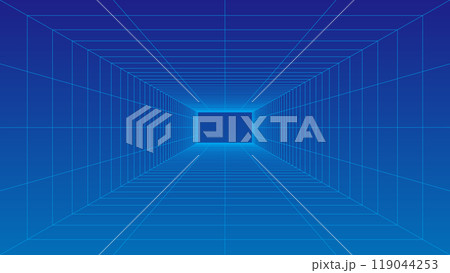 青いグリッドラインが描かれた3Dトンネルの抽象背景 119044253