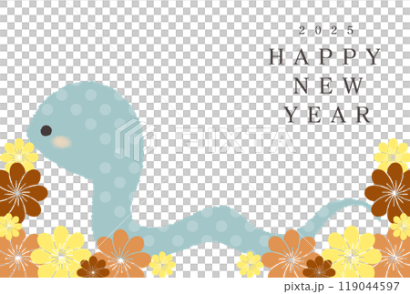 2025年簡單的新年卡片，有十二生肖蛇和可愛的花朵 119044597