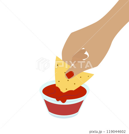 Female hand dipping corn nacho in glass gravy boat with salsa sauce. Traditional Mexican fast food 119044602