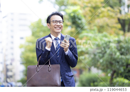 ビジネス　スマホを見てガッツポーズをするミドル男性 119044653