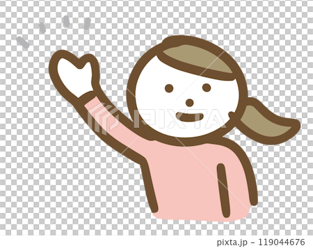 一位身著休閒裝的年輕女子麵帶微笑，舉起手（上半身，正面視角） 119044676