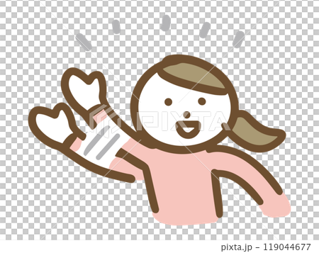 一位身著休閒裝的年輕女子麵帶微笑，揮手致意（上半身，正面視角） 119044677