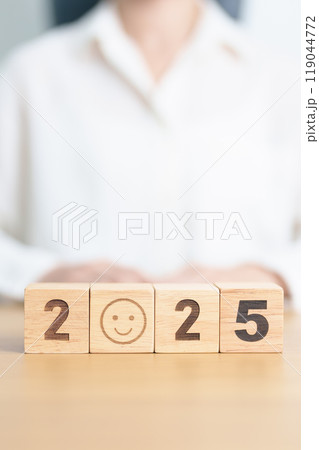 Happy New Year 2025 with Smile block. Satisfaction, feedback, Review, mental health, eco sustainable and good concept Happy New Year 2025 with Smile block. Satisfaction, feedback, Review, mental health, eco sustainable and good concept 119044772