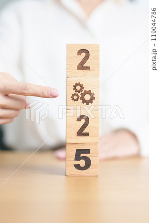 2024 year change to 2025 year block with gear icon. Business Process, Team, teamwork, Goal, Target, Resolution, strategy, plan, Action, motivation, change, brainstorm and New Year start concepts 119044786