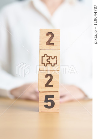 2025 block with jigsaw puzzle icon. Business Process, Team, teamwork, Goal, mission, Resolution, strategy, plan, Action, partnership, and New Year start 2025 block with jigsaw puzzle icon. Business Process, Team, teamwork, Goal, mission, Resolution, strategy, plan, Action, partnership, and New Year start 119044787