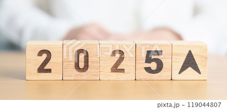2025 New year with UP and Down arrow. Interest rate, GDP, stocks market, financial, deflation and Inflation, mortgage, debt, Loan and Economic Recession 119044807