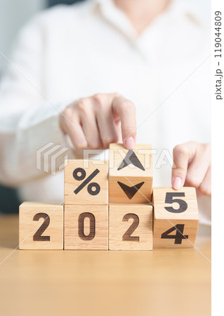 2024 to 2025 New year with percentage change to UP and Down arrow. Interest rate, GDP, stocks market, financial, deflation and Inflation, mortgage, debt, Loan and Economic Recession 119044809