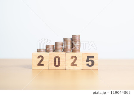 Happy New Year 2025 with Coins stack. Money, Budget, tax, investment, financial, savings and New Year Resolution concepts 119044865