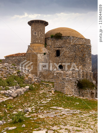 Ruined old stone Bendo Mosque in Borsh Сastle, Albania Ruined old stone Bendo Mosque in Borsh Сastle, Albania 119044889