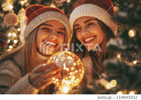 Two smiling friends in Santa hats enjoy decorating the Christmas tree together, holding a glowing ornament. Two smiling friends in Santa hats enjoy decorating the Christmas tree together, holding a glowing ornament. 119045032