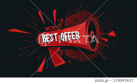 A red megaphone with text "BEST OFFER" inside on a plain background. Black Friday sale event template design for poster and social media post. AI generated. 119045617