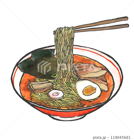 醤油ラーメンの箸上げ手書き筆絵風イラスト 119045681