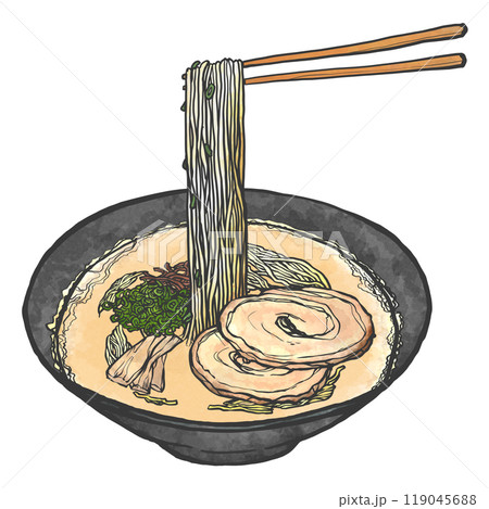 豚骨ラーメンの手書き筆絵風イラスト 119045688