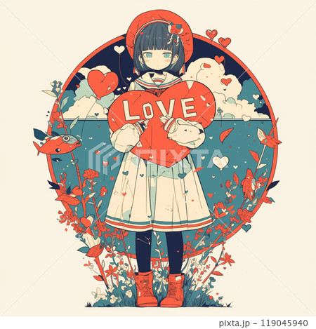 ”LOVE”の文字が書かれたハートを持つ女の子 119045940