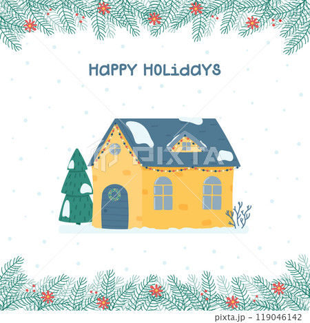 Happy holidays greeting card. Cute Christmas and winter house. Decorated house on the background of the falling snow, fir trees and a snowman. Vector illustration in a flat style. 119046142