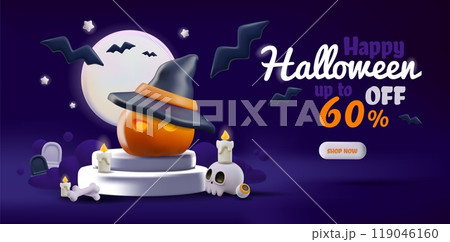 3D Halloween pumpkin decoration for a spooky autumn sale banner. 119046160