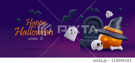 3D vector banner with spooky background, hat, ghost, pumpkin, bats, skull, and gravestone 119046161