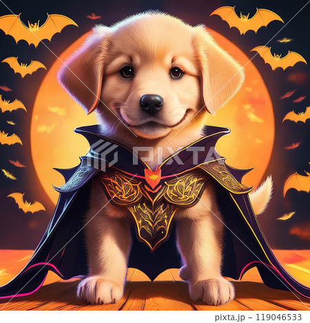 ハロウィンの夜にマントをつけておすわりするゴールデンレトリーバーの子犬 119046533