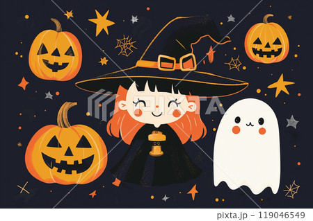 楽しいハロウィンイメージ・魔女・お化け・ねこ 119046549