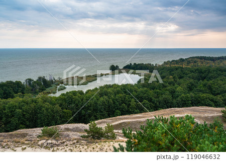 View of Swan Lake from observation deck on Olenya Buda dunes. Curonian Spit National Park. Russia View of Swan Lake from observation deck on Olenya Buda dunes. Curonian Spit National Park. Russia 119046632