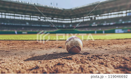 close up view of baseball resting on dirt of baseball field, with stadium in background. scene captures essence of game, evoking feelings of anticipation and excitement 119046692