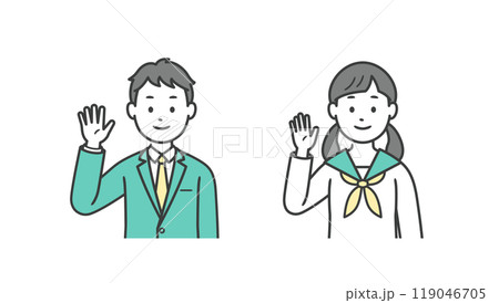 片手を上げて挨拶をする男女の学生の上半身イラスト 片手を上げて挨拶をする男女の学生の上半身イラスト 119046705