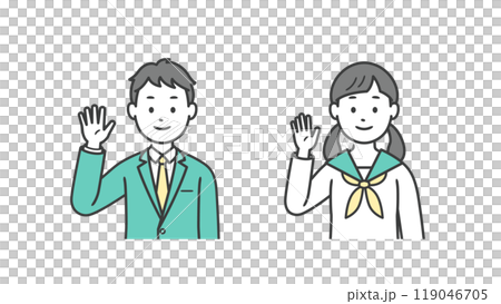 片手を上げて挨拶をする男女の学生の上半身イラスト 片手を上げて挨拶をする男女の学生の上半身イラスト 119046705