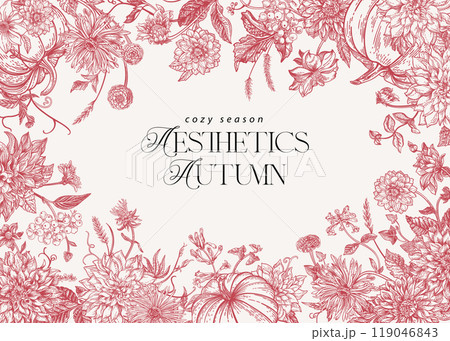 Floral frame. Pumpkins and flowers. 119046843