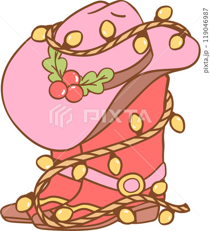retro Christmas pink cowboy hat and red boot 119046987