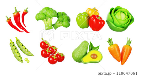 Vegetables and fruits isolated 3d render icon set. Organic healthy food. Fresh tomato cherry on branch, carrot, avocado, broccoli, green peas, cabbage, color bell pepper and red chili. 3D illustration 119047061