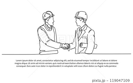 One line continuous of contractors work together. Minimalist style vector illustration in white background. One line continuous of contractors work together. Minimalist style vector illustration in white background. 119047109