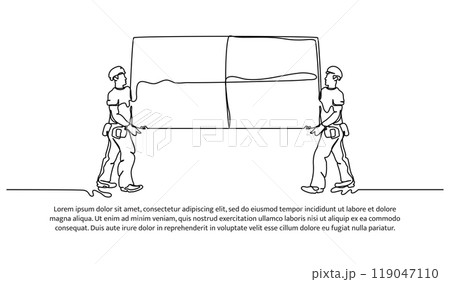One line continuous of contractors work together. Minimalist style vector illustration in white background. One line continuous of contractors work together. Minimalist style vector illustration in white background. 119047110