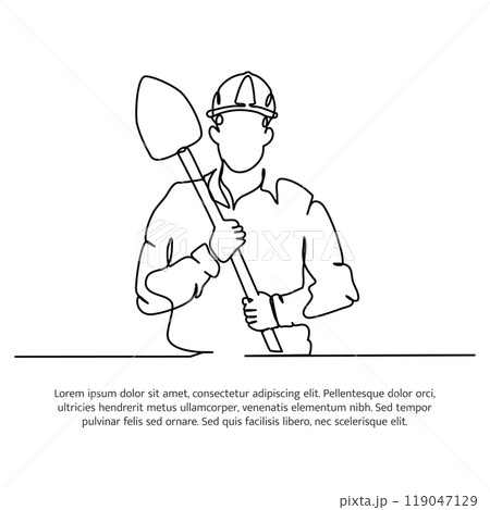 One line continuous of contractor holding a shovel.Minimalist style vector illustration in white background. 119047129
