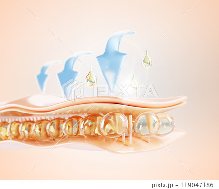 3d skin structure with gold oil drop, vitamin serum or collagen essence render background. Epidermis cell layer with liquid cosmetic retinol droplets and blue arrows, skincare concept. 3D illustration 119047186
