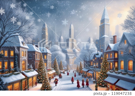 クリスマスの時期、雪の降る街 119047238