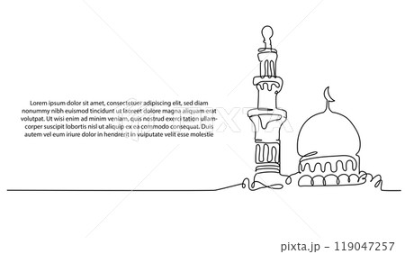 Mosque continuous line design. Islamic architectural design concept. Celebration of Ramadan, Eid al-Fitr Eid al-Adha and Islamic New Year. Decorative elements drawn on a white background. 119047257
