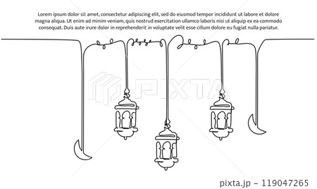 Islamic lantern continuous line design. Islamic architectural design concept. Celebration of Ramadan, Eid al-Fitr Eid al-Adha and Islamic New Year. Decorative elements drawn on a white background. Islamic lantern continuous line design. Islamic architectural design concept. Celebration of Ramadan, Eid al-Fitr Eid al-Adha and Islamic New Year. Decorative elements drawn on a white background. 119047265