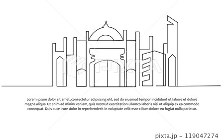 Continuous line design of modern mosque. Future building design concept. Decorative elements drawn on a white background. 119047274
