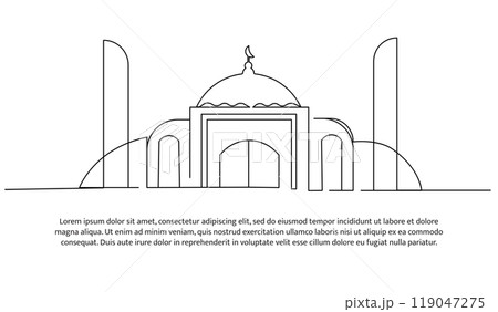 Continuous line design of modern mosque. Future building design concept. Decorative elements drawn on a white background. Continuous line design of modern mosque. Future building design concept. Decorative elements drawn on a white background. 119047275