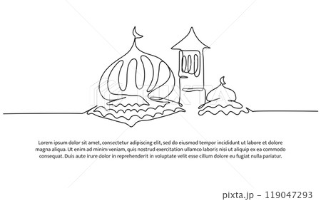 Mosque continuous line design. Islamic architectural design concept. Celebration of Ramadan, Eid al-Fitr Eid al-Adha and Islamic New Year. Decorative elements drawn on a white background. Mosque continuous line design. Islamic architectural design concept. Celebration of Ramadan, Eid al-Fitr Eid al-Adha and Islamic New Year. Decorative elements drawn on a white background. 119047293