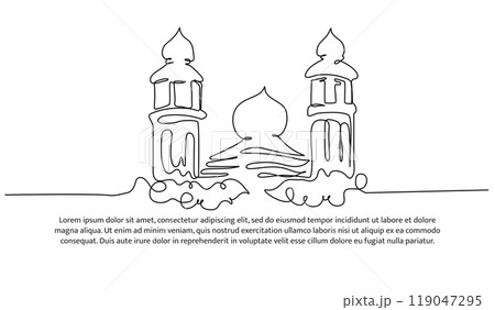 Mosque continuous line design. Islamic architectural design concept. Celebration of Ramadan, Eid al-Fitr Eid al-Adha and Islamic New Year. Decorative elements drawn on a white background. 119047295
