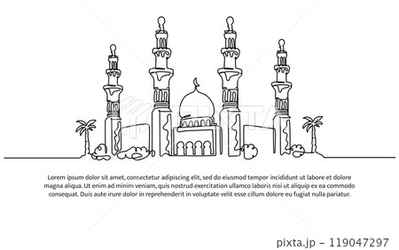 Mosque continuous line design. Islamic architectural design concept. Celebration of Ramadan, Eid al-Fitr Eid al-Adha and Islamic New Year. Decorative elements drawn on a white background. 119047297