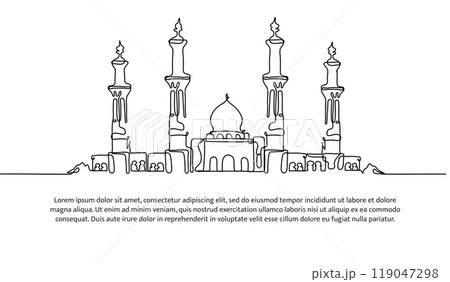 Mosque continuous line design. Islamic architectural design concept. Celebration of Ramadan, Eid al-Fitr Eid al-Adha and Islamic New Year. Decorative elements drawn on a white background. Mosque continuous line design. Islamic architectural design concept. Celebration of Ramadan, Eid al-Fitr Eid al-Adha and Islamic New Year. Decorative elements drawn on a white background. 119047298