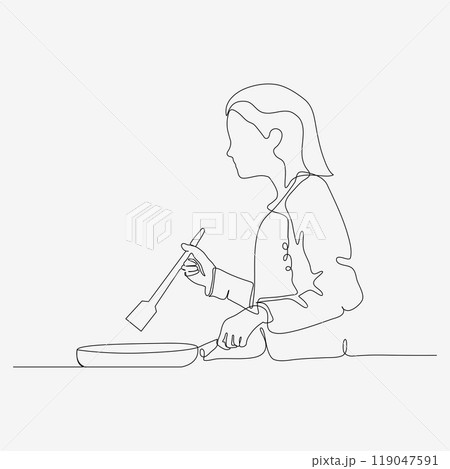 One line continuous design of mom is cooking in the kitchen. Minimalist style vector illustration on white background. 119047591