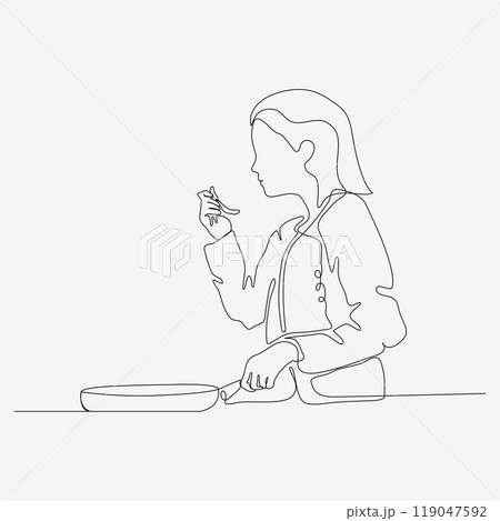One line continuous design of mother tasting food. Cute cooking art character. Minimalist style vector illustration on white background. One line continuous design of mother tasting food. Cute cooking art character. Minimalist style vector illustration on white background. 119047592