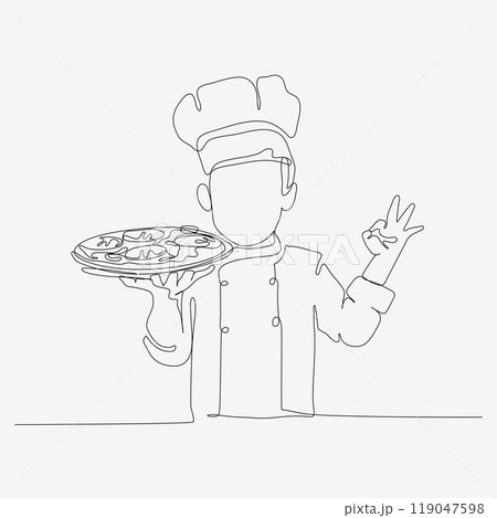 One line continuous design of chef in hat serving pizza. Cute cooking art character. Minimalist style vector illustration on white background. 119047598